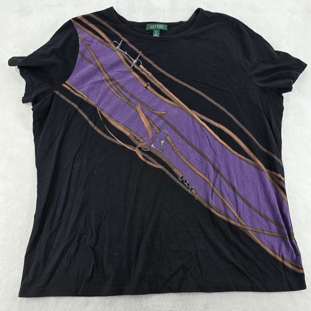 Lauren Ralph Lauren Womens Tee 2X Black Equestrian Bridle Print Cotton